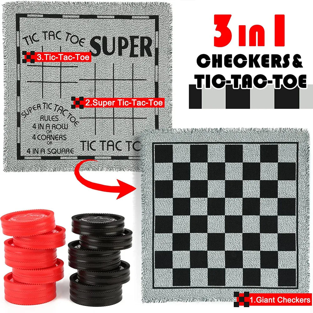 A rectangular rug featuring three games: Tic Tac Toe, Super Tic-Tac-Toe, and Giant Checkers.