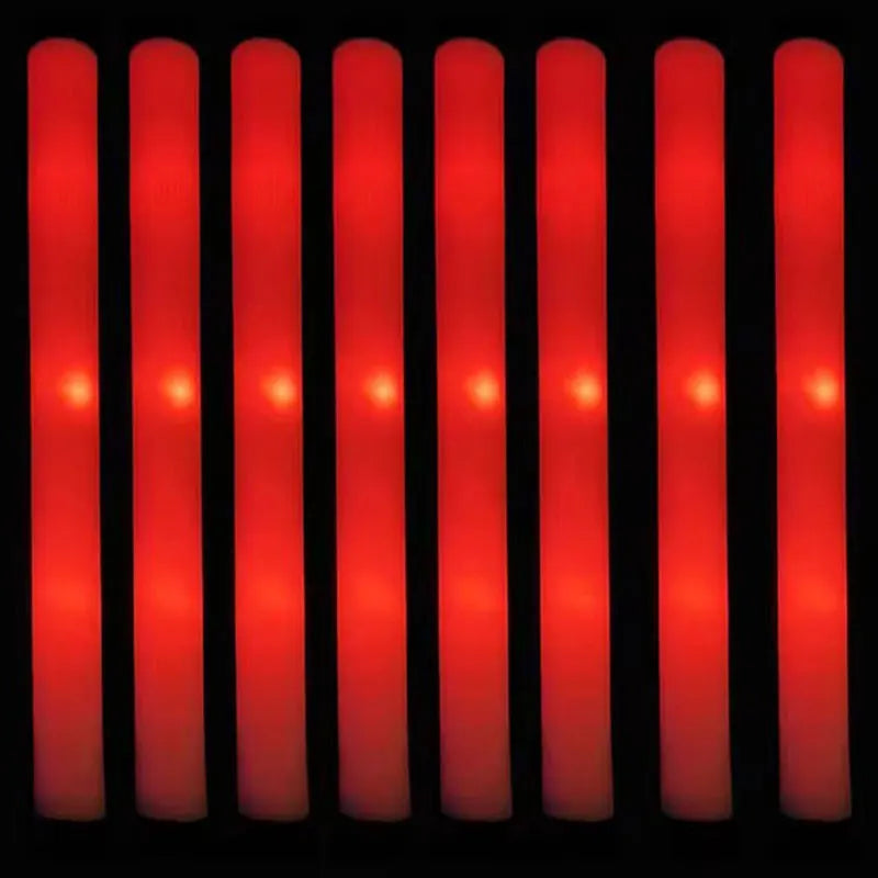 A row of red LED glow sticks are displayed against a black background.