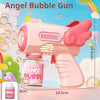 Pink Angel Bubble Gun with a bottle of bubble solution and various bubbles