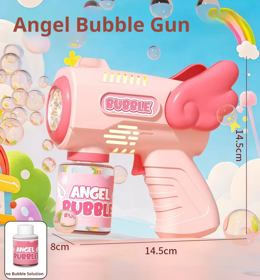 Pink Angel Bubble Gun with a bottle of bubble solution and various bubbles