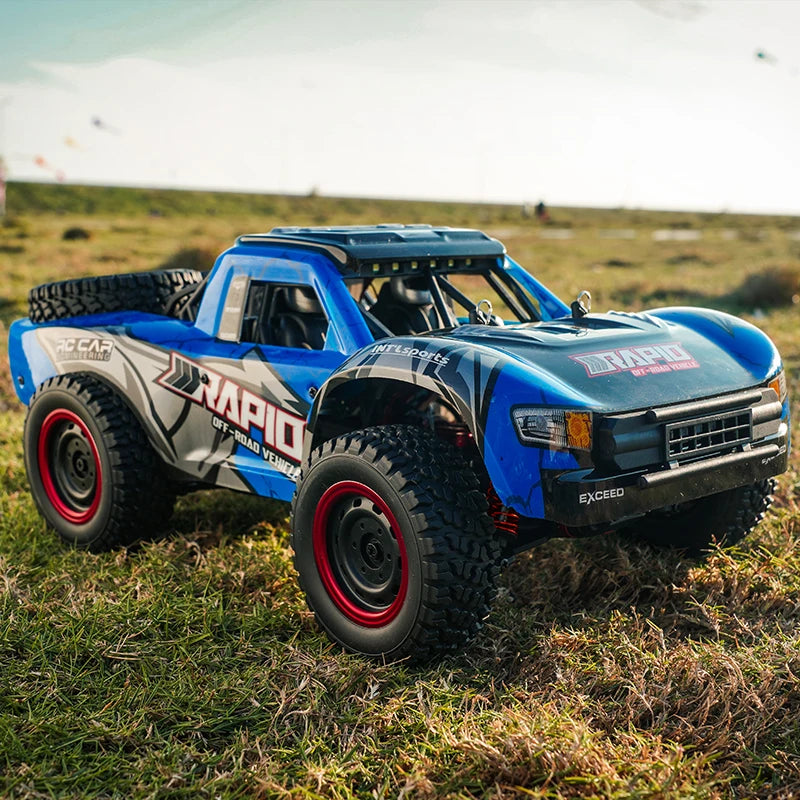 Blue and black high-speed 4WD brushless RC monster truck parked on grassy terrain.
