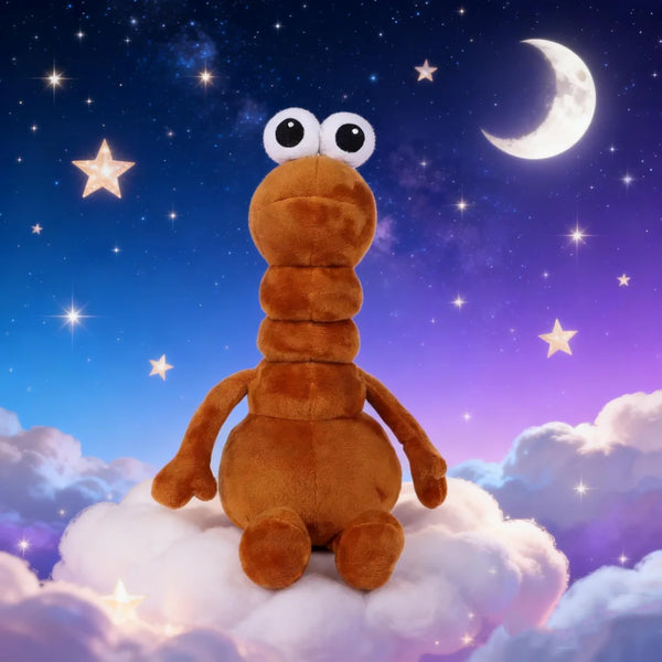 A fluffy brown plush toy with large eyes is sitting on a white cloud under a starry night sky.