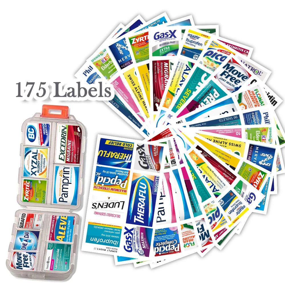 Portable 10-Compartment Pill Organizer with 175 Labels