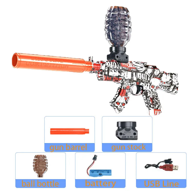 Rechargeable electric gel blaster pistol with an orange barrel and accessories shown on a white background.
