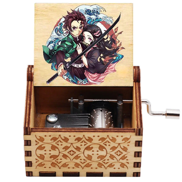Hand-Cranked Wooden Music Box – Demon Slayer Carved Design