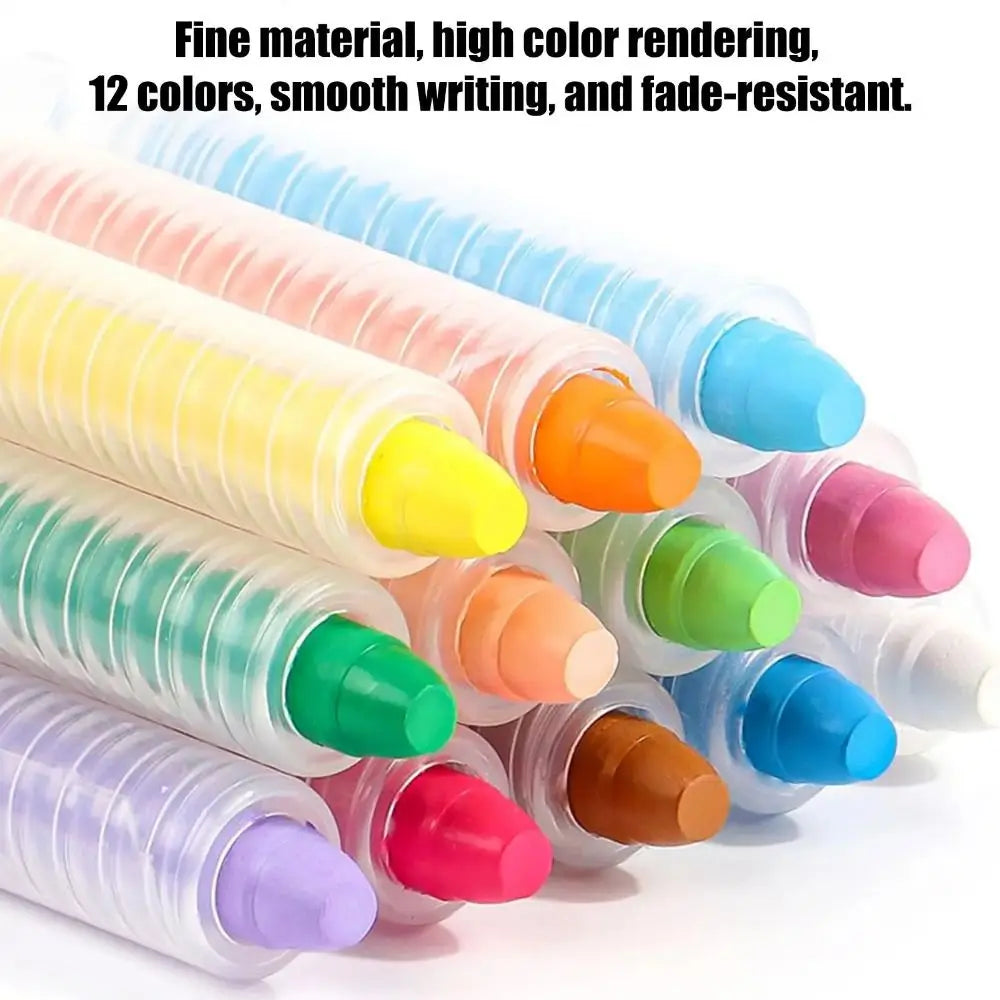 A collection of 12 colored chalk crayons in plastic tubes, showing various shades like pink, yellow, orange, and green.