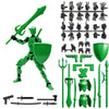 A green magnetic multi-jointed action figure building set with various accessories and a display stand.