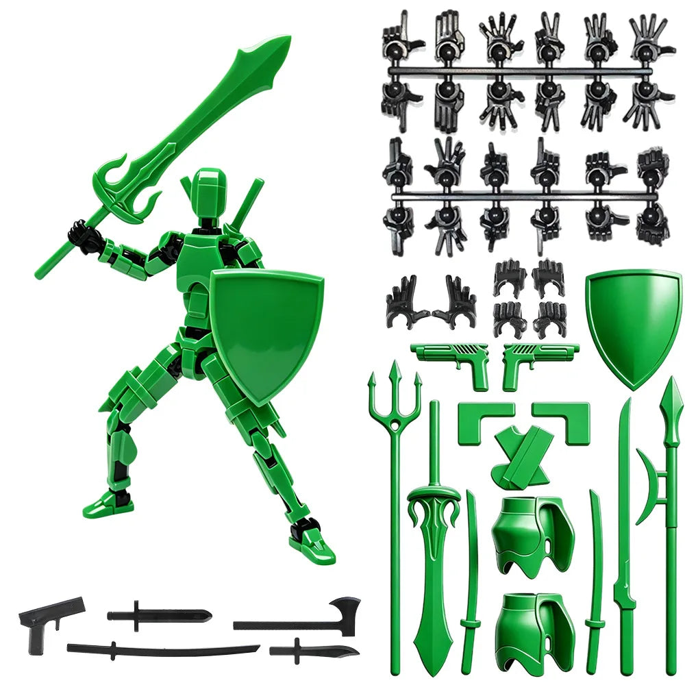 A green magnetic multi-jointed action figure building set with various accessories and a display stand.
