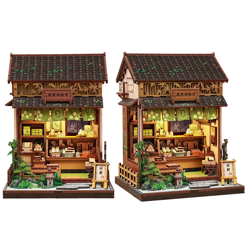 A detailed 3D wooden book nook kit featuring traditional architecture and LED lighting.