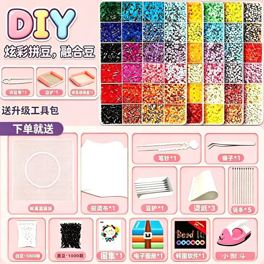A DIY craft kit featuring various colors of Perler beads and related tools for making plastic crafts.