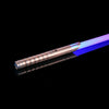 An RGB metal lightsaber with a metallic hilt and a glowing blue blade against a black background.