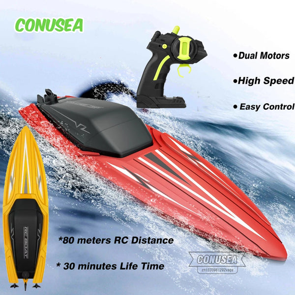 A red and black high-speed RC boat is shown in motion with a yellow remote control and dual motors.