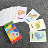 A collection of colorful animal flash cards including a rooster, horse, turtle, and whale.