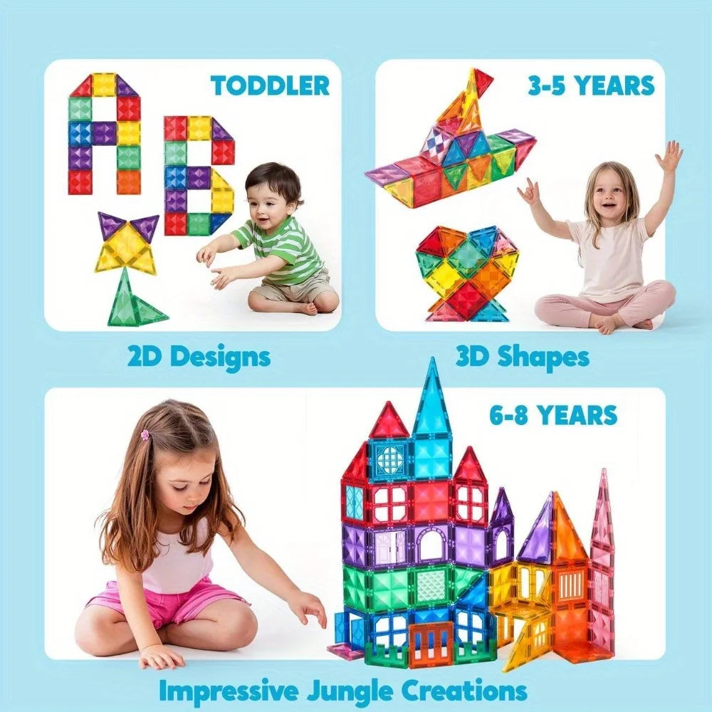A set of magnetic building tiles and shapes for toddlers, 3-5 years, and 6-8 years, featuring various designs and jungle crea