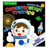 A colorful children's book cover titled Concentration Training featuring a smiling astronaut character in a white suit agains