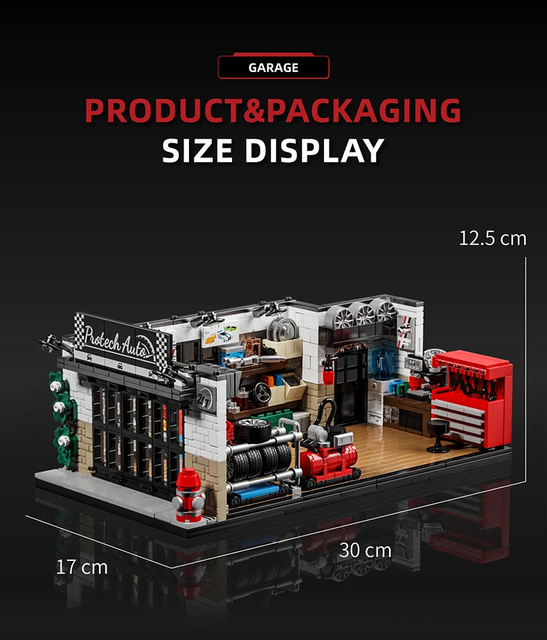 Size display of a vintage American garage building blocks set featuring tools and machinery.