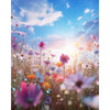 A vibrant field of wildflowers with pink, purple, and white blossoms under a bright, sunny sky.