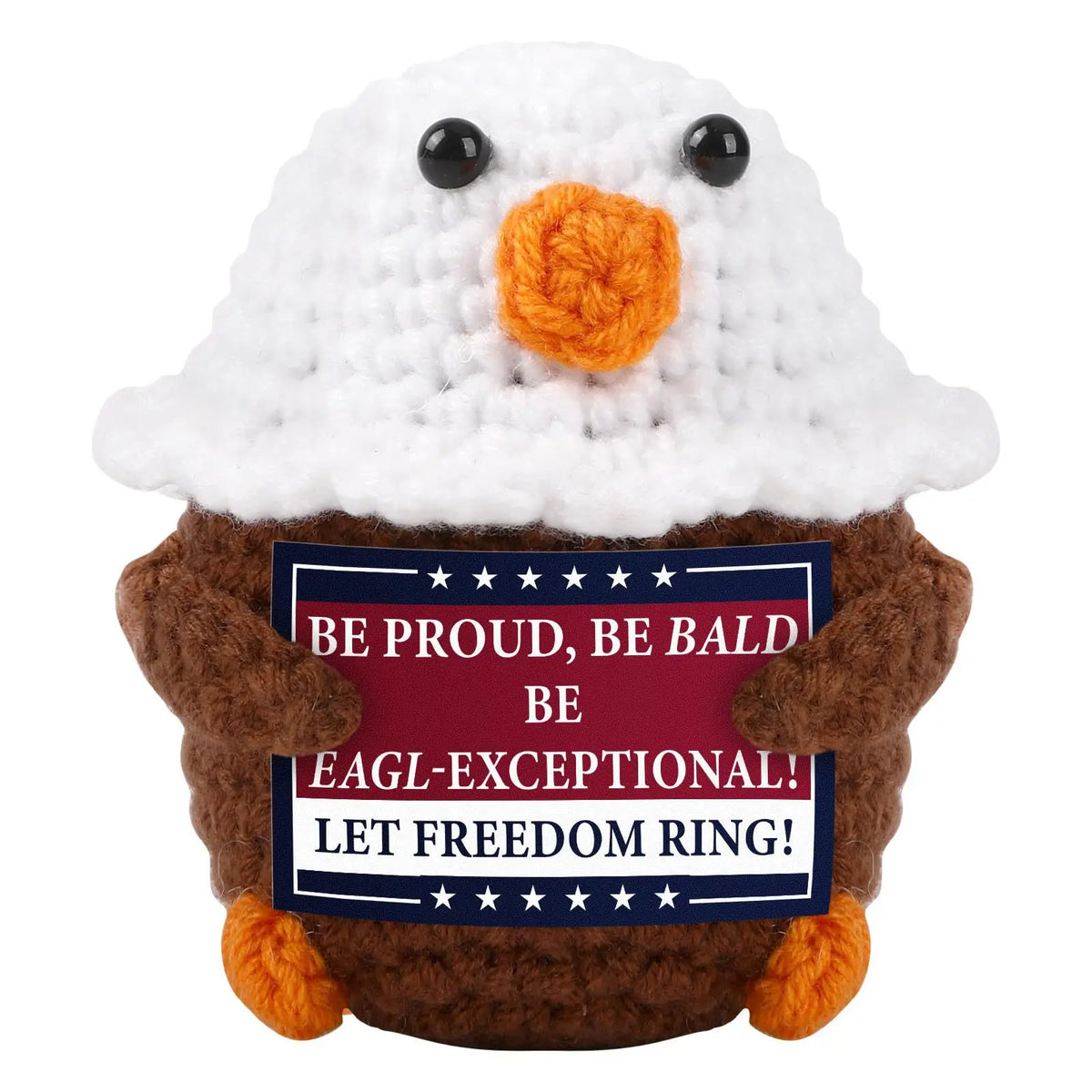 A handmade crochet animal plush doll resembling a white bird with an orange beak and brown body.