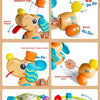 A cartoon baby rattle toy demonstrating various functions like stretching, rotating, and making sounds.