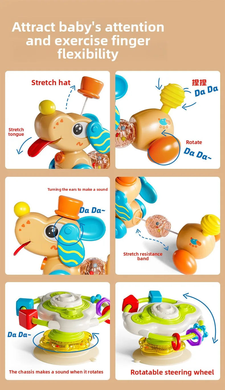 A cartoon baby rattle toy demonstrating various functions like stretching, rotating, and making sounds.