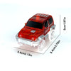 A red race track car toy set with glowing LED lights and a clear plastic body, shown from the side.