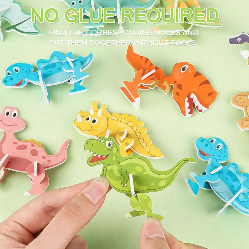 A hand is assembling a no glue required 3D animal foam puzzle set for kids, showing various colorful dinosaur and animal shap