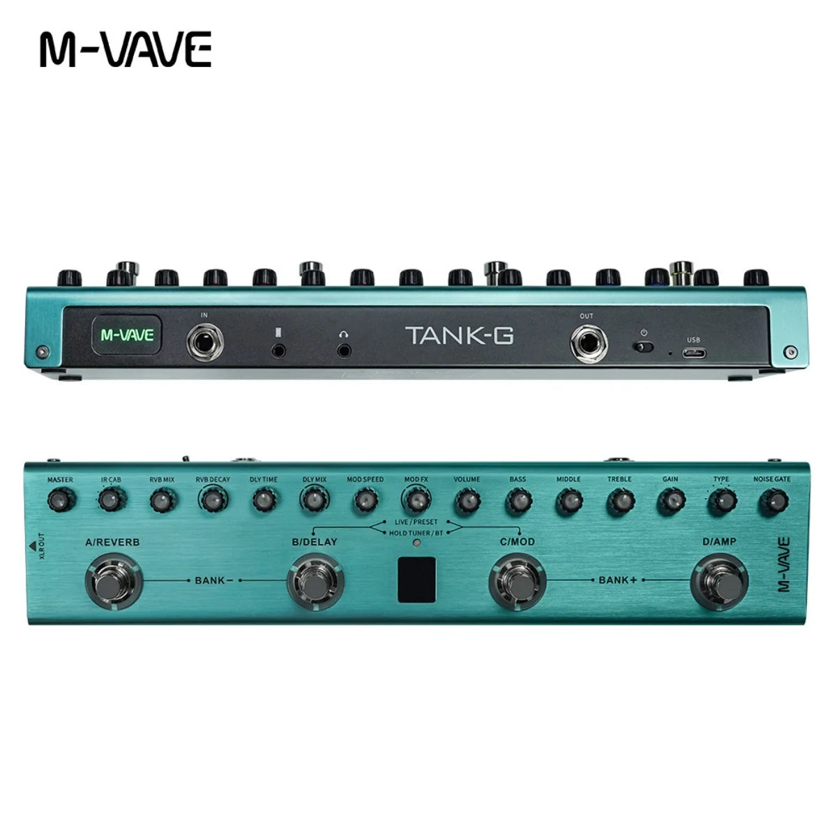 A close-up view of the M-VAVE Tank-G portable guitar multi-effects processor with controls and USB port.