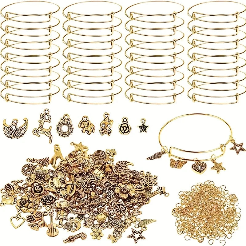 A collection of 90 pieces of silver-tone jewelry making kit including adjustable bangles, charms, and various decorative elem