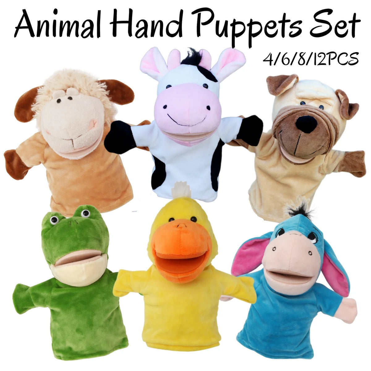 A set of soft plush animal hand puppets including a lion, a horse, a dog, a yellow bird, and a blue donkey.