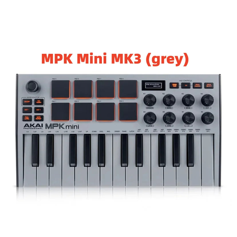 Controlador MIDI AKAI MPK Mini MK3 gris con varios perillas y pads