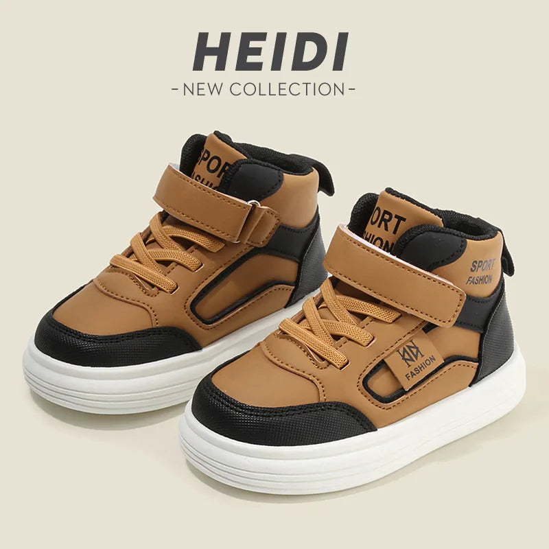 A pair of brown and black kids' high-top sneakers with tan leather accents and velcro straps.