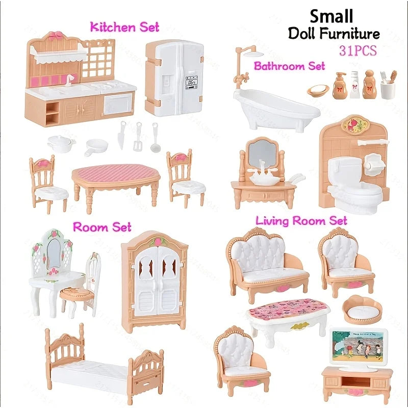 Miniature Dollhouse Furniture Set for Bedroom, Living Room, Kitchen & Bathroom