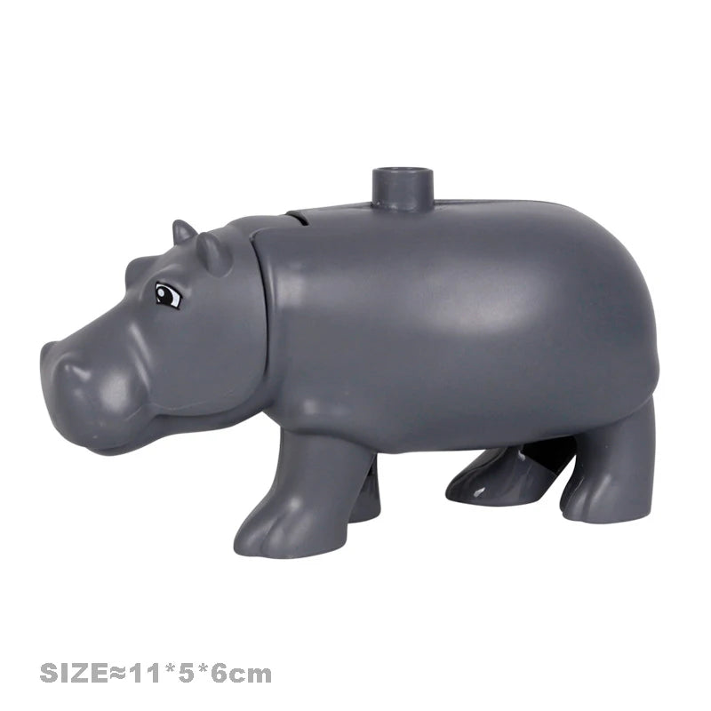 Gray plastic zoo animal building blocks set featuring a lion, bear, tiger, elephant, and panda.