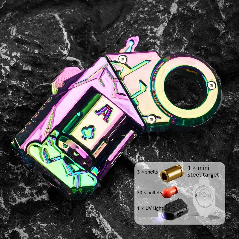 A pink and green alloy fidget toy gun with a circular lens and various components for target shooting.