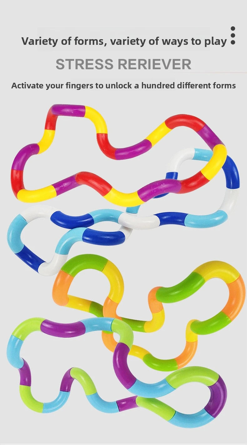 A collection of colorful twist rope fidget toys showing various forms and ways to play for stress relief.