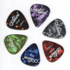 A variety pack of six celluloid guitar picks in different colors and thicknesses, including purple, black, green, and red.