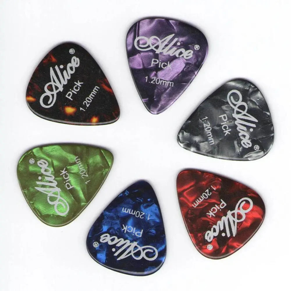A variety pack of six celluloid guitar picks in different colors and thicknesses, including purple, black, green, and red.