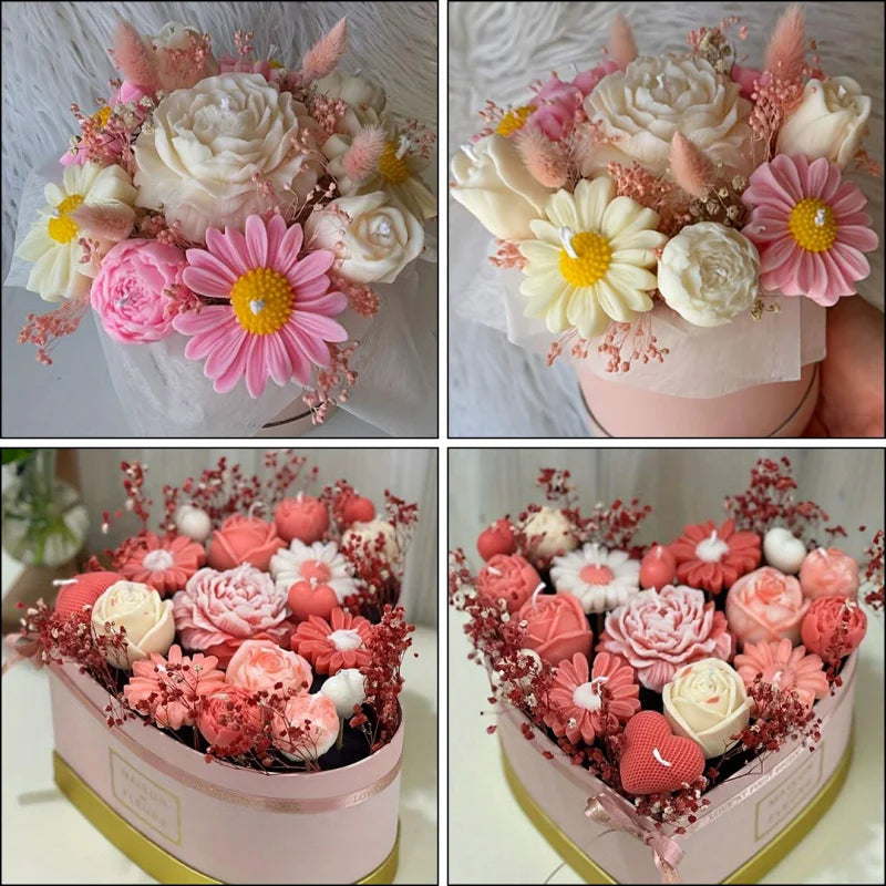 Floral Silicone Candle Mold Set with Rose, Daisy, Peony & Heart Designs