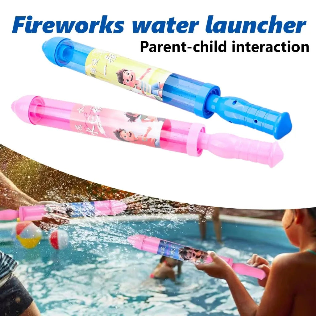 A pink and blue water launcher toy is being used for parent-child interaction in a swimming pool.