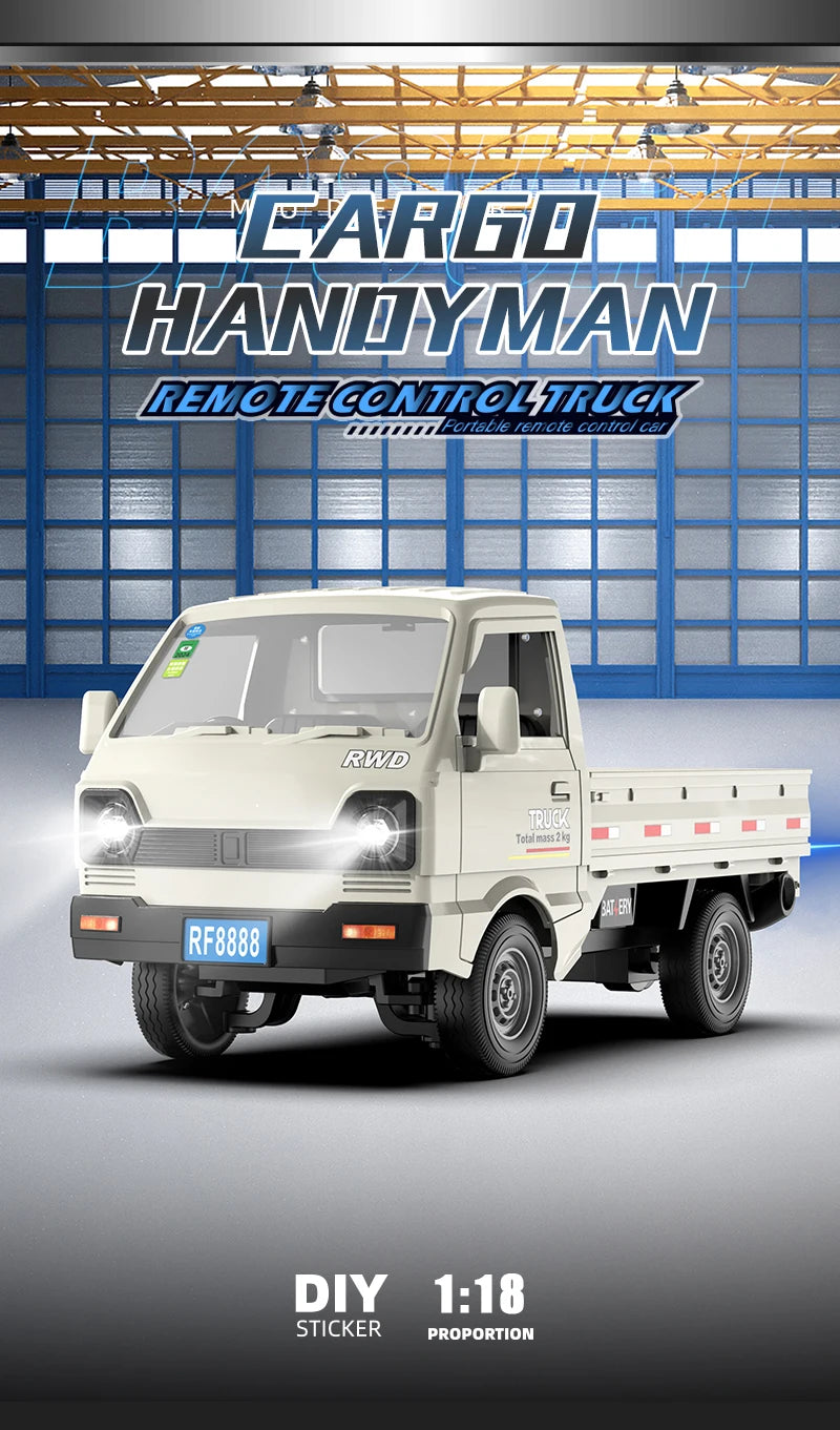 A white RC truck model is shown in a studio setting with a background featuring a cargo handyman title and scale information.