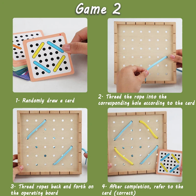 A set of wooden lacing boards and colorful ropes used for shoe-tying practice with a card.