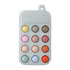 A white silicone baby teether toy with numbered silicone fingers and a cartoon car design.