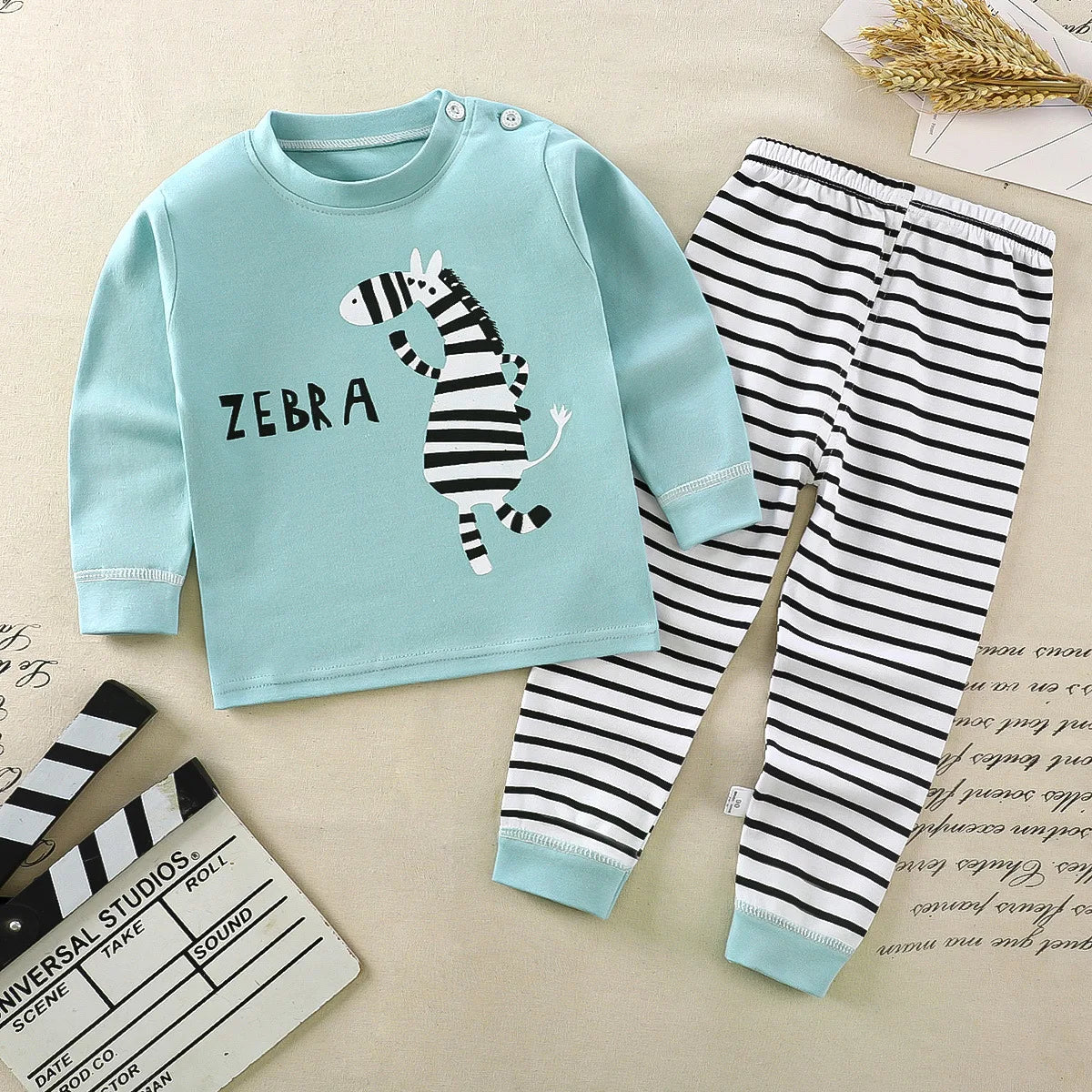 A light blue long sleeve two-piece pajama set featuring a zebra print for a child.