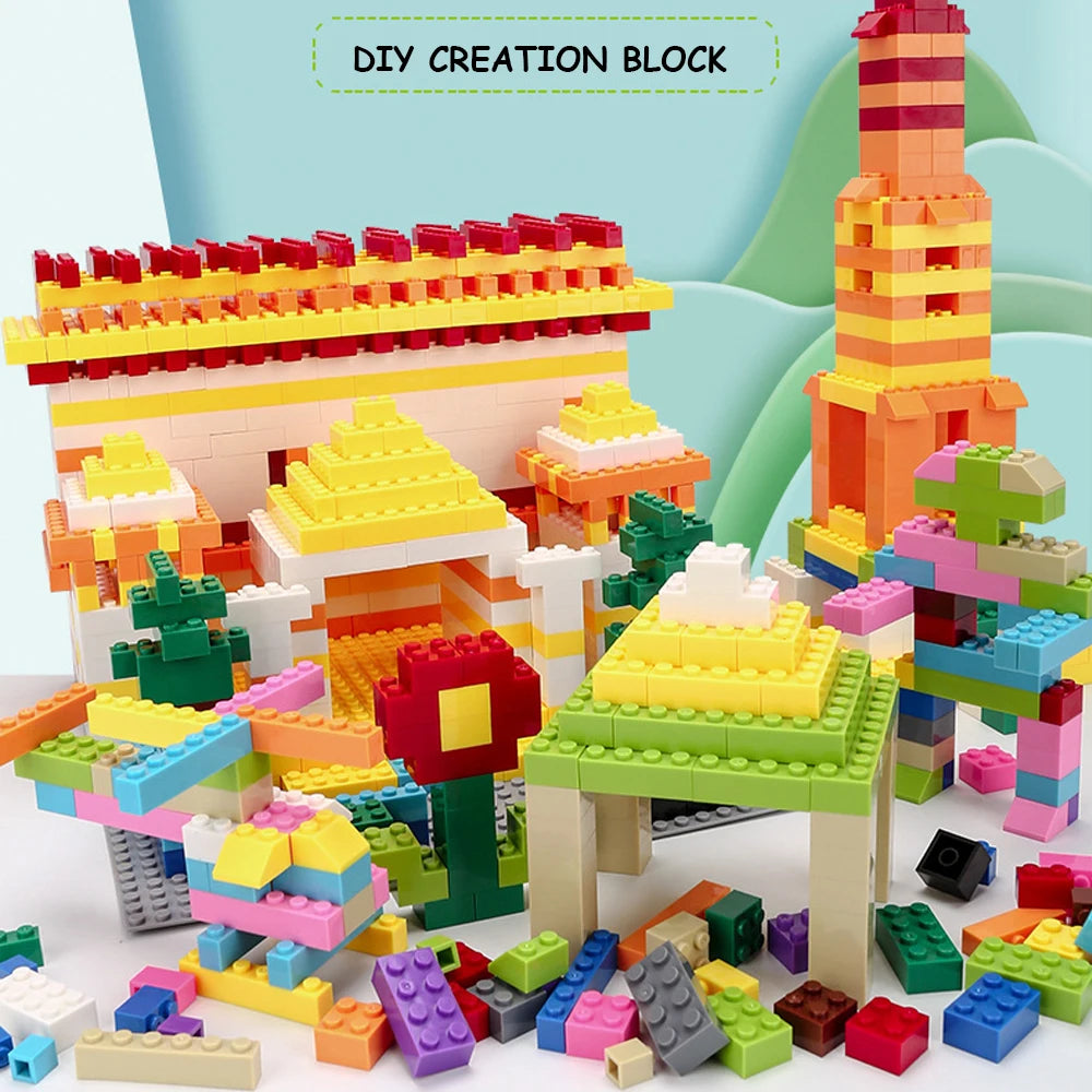 A bulk set of colorful building blocks in various colors like yellow, orange, green, and pink are displayed for DIY creation.