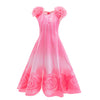Pink princess ball gown dress with ruffled shoulders and floral pattern