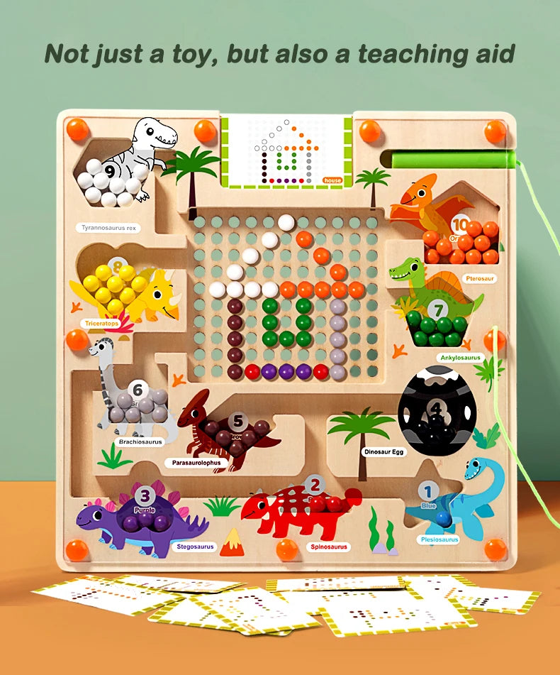 A wooden magnetic color and number maze board featuring dinosaurs for counting and learning
