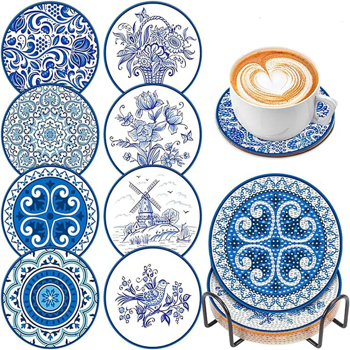 A set of blue and white patterned diamond art coasters with a holder and a cup of coffee.