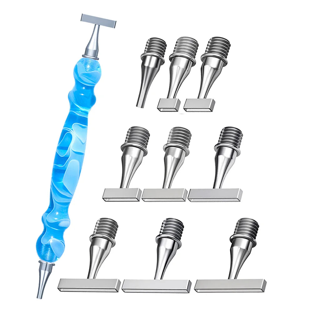 A set of precision diamond painting pens with threaded metal tips and various sizes.