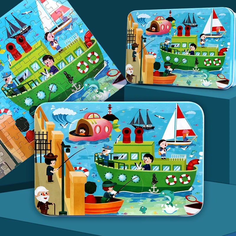 A set of three jigsaw puzzles featuring wooden animals and vehicles, including a pirate ship and other boats.