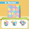 A colorful magic snake cube 3D puzzle fidget toy with geometric shapes in pink, blue, and yellow.
